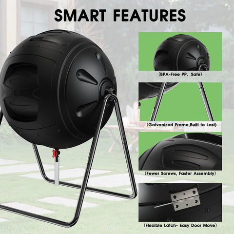 Heavy Duty 35 Gallon Tumbling Compost Bin With Easy Drain Plug For Liquid Collection Rotating Outdoor Garden Waste Container Built To Last UV Protected Blue, shown on metal frame outdoors with smart features.