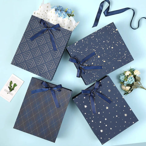 Four Pack 9 Inch Gift Bags In Premium Blue With Tissue Paper Medium Size 7x4x9 Inches Great For Birthdays Baby Showers Weddings Party Favors