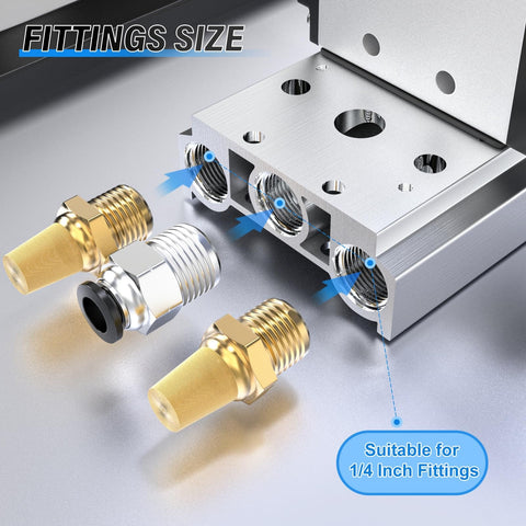 Pneumatic 200M Two Position Manifold Base For 4V210 4V220 4V230 Solenoid Valves One Quarter Inch Aluminum Block with fittings.