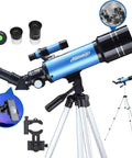 70mm Travel Astronomy Telescope With 400mm Focal Length And 70mm Aperture, K6 And K25 Eyepieces, 45 Degree Erect Diagonal, Adjustable Tripod, Phone Adapter, Great For Beginners And Stargazers, blue metal telescope with tripod