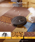Roborock Qrevo S5V robot vacuum and mop, black circular unit with 12,000Pa HyperForce label on floor beside a white cat.