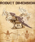 3D Dragon Ship Wooden Puzzle Kit For Adults showing dimensions 17.7 x 11.8 x 8.7 inches, detailed side view.