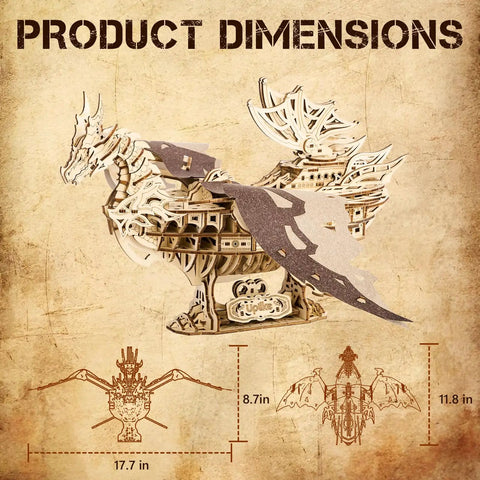 3D Dragon Ship Wooden Puzzle Kit For Adults showing dimensions 17.7 x 11.8 x 8.7 inches, detailed side view.