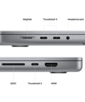 2023 MacBook Pro Laptop Featuring Sick M2 Pro Specs And Smooth 16 Inch Retina XDR Screen 16GB Memory 1TB Fast Storage In Clean Space Gray showing ports including MagSafe, Thunderbolt and HDMI.