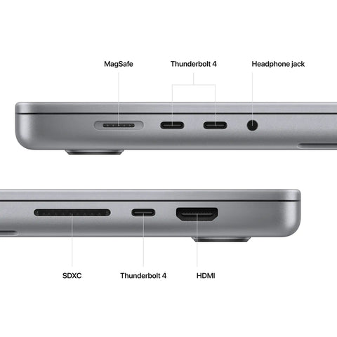 2023 MacBook Pro Laptop Featuring Sick M2 Pro Specs And Smooth 16 Inch Retina XDR Screen 16GB Memory 1TB Fast Storage In Clean Space Gray showing ports including MagSafe, Thunderbolt and HDMI.