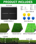 Indoor And Outdoor Golf Practice Mat Set With Replaceable Fairway And Rough Turf Mats Dual Turf Design Velvet Surface Impact Tracker No Slip Heavy Duty Rubber Base Includes Ball Holders And Practice Balls with components shown