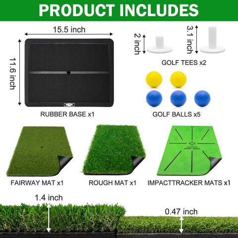 Indoor And Outdoor Golf Practice Mat Set With Replaceable Fairway And Rough Turf Mats Dual Turf Design Velvet Surface Impact Tracker No Slip Heavy Duty Rubber Base Includes Ball Holders And Practice Balls with components shown
