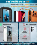 Compatibility guide for Dive Ready Waterproof Phone Case For iPhone 17 16 15 14 Series with left-side volume button.