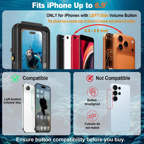 Compatibility guide for Dive Ready Waterproof Phone Case For iPhone 17 16 15 14 Series with left-side volume button.