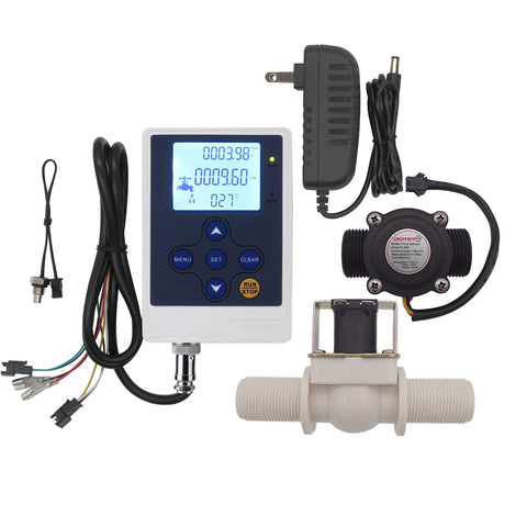 Water Flow Control System With LCD Display, Plug N Play Hall Sensor Flow Meter, Real Time Flow Rate And Totalized Volume, G Three Quarter Inch Solenoid Valve Normally Closed, 12V Power Supply, Temperature Readout, And Precise Flow Monitoring components view