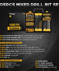 Badass 105 Piece Titanium Drill Bit Set With High Speed Steel Screwdriver Bits And Countersink Tool No Nonsense Design in organizer case.