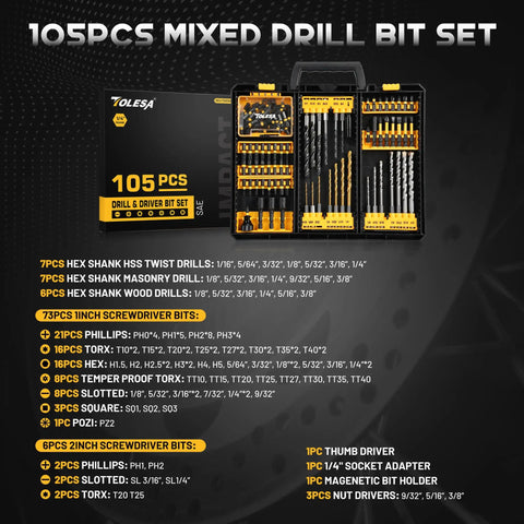 Badass 105 Piece Titanium Drill Bit Set With High Speed Steel Screwdriver Bits And Countersink Tool No Nonsense Design in organizer case.