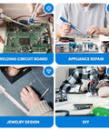 Person using Cordless Soldering Kit With USB Rechargeable Battery for circuit board welding and DIY repairs.