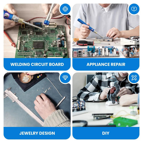 Person using Cordless Soldering Kit With USB Rechargeable Battery for circuit board welding and DIY repairs.