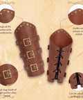 Medieval Belt Pouch Set With Detachable Belt And Leather Bracers Coin Bag Hook Strap For Renaissance Fairs LARP And Halloween Cosplay Brown Finish showing detailed leather bracers with studs and buckles