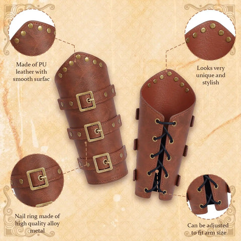 Medieval Belt Pouch Set With Detachable Belt And Leather Bracers Coin Bag Hook Strap For Renaissance Fairs LARP And Halloween Cosplay Brown Finish showing detailed leather bracers with studs and buckles