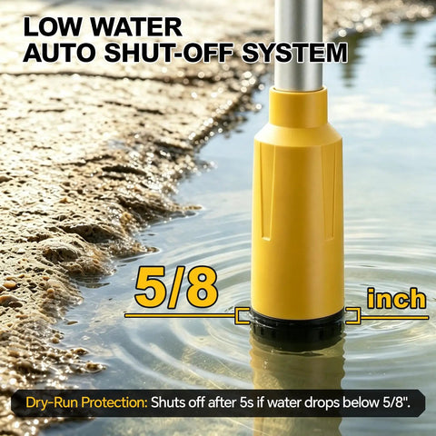 Heavy Duty Cordless Stick Transfer Pump Battery Powered For Tight Spots With 3 Section Detachable Tube, showing low water auto shut-off feature.