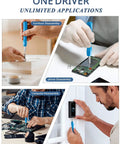 One Driver showing All In One Doorbell Screwdriver Replacement Kit With Double Ended Torx T6 T15 And 20 Security Screws For Battery Change And WiFi Password Reset Fits All Video Doorbell Models Easy Install And Secure Removal in use for furniture, phone, computer, and doorbell disassembly applications.