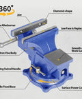Heavy Duty 6 Inch Bench Vise Clamp With 150mm Jaw, Table Top Desktop Clamp, 360 Degree Swivel Base And Anvil For Your Home Woodshop And DIY Projects Today. Blue cast iron vise with annotations, 360-degree swivel.