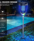 Outdoor Solar Bug Zapper 4200V Mosquito Killer with RGB projector by a pool during rain, showcasing waterproof design.