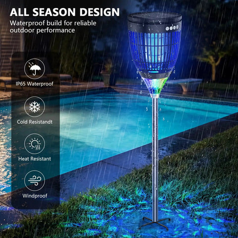 Outdoor Solar Bug Zapper 4200V Mosquito Killer with RGB projector by a pool during rain, showcasing waterproof design.