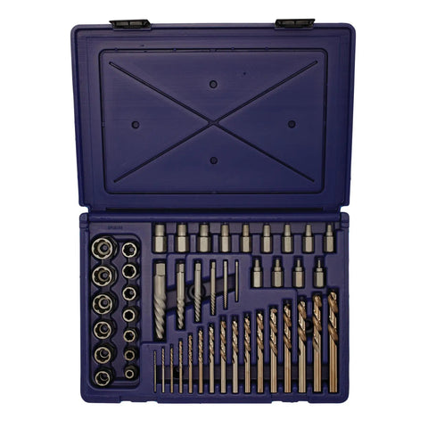 48 Piece Fastener Extraction Kit With Spiral Flute And Multi-Spline Extractors, Bolt Extractors, And Left Hand Cobalt Drill Bits in case