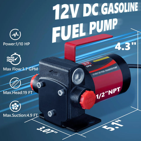 12V DC Gasoline Fuel Transfer Pump Kit With Self Priming And Reversible Pumping For Gasoline Diesel Mineral Oil And Kerosene.