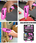 Pink Tool Set For Women 130 Piece Home Toolkit With 3.6V Cordless Rechargeable Screwdriver in use and full kit display