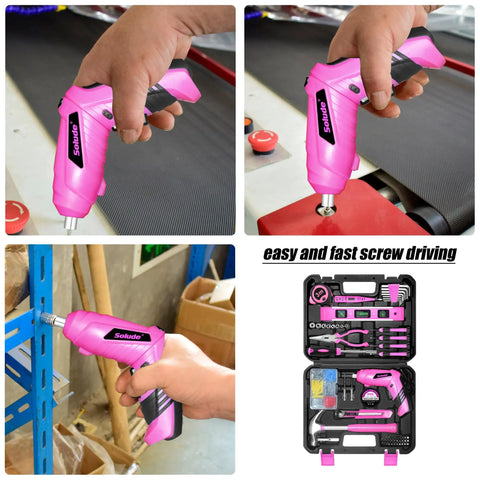 Pink Tool Set For Women 130 Piece Home Toolkit With 3.6V Cordless Rechargeable Screwdriver in use and full kit display