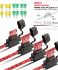 Heavy Duty 10 AWG Inline Fuse Holder 4 Pack 12 Volt Blade Type ATC APC with red tinned copper wires and fuse connectors.