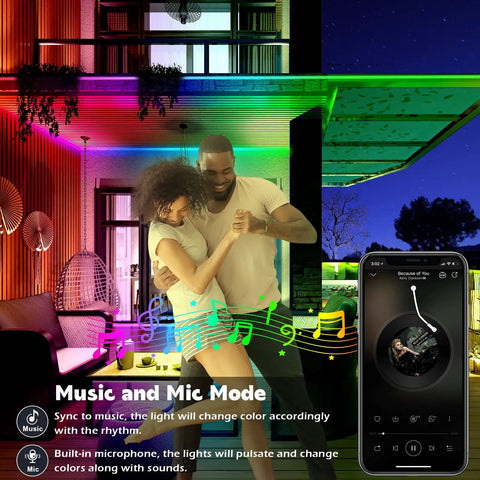 Couple dancing with 100Ft Outdoor LED Strip Lights Waterproof IP68 With Bluetooth App Remote Control And Music Sync RGB