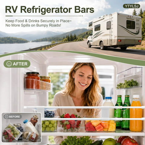 Woman organizing fridge with Adjustable RV Refrigerator Tension Rods 19.5 To 36.7 Inches Heavy Duty Non Slip Bar Set