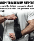 Person adjusting 16 Inch Wrist Straps For Gym No Thumb Loops Durable Wrist Wraps For Powerlifting Weightlifting And Bench Press