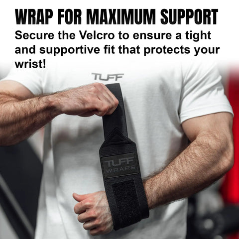Person adjusting 16 Inch Wrist Straps For Gym No Thumb Loops Durable Wrist Wraps For Powerlifting Weightlifting And Bench Press