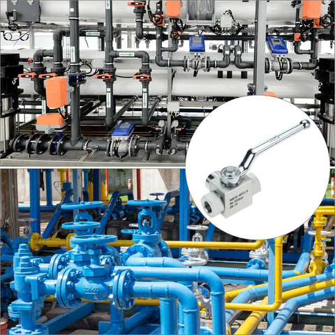 Industrial setting showcasing piping systems and Three Eighth Inch NPT Female High Pressure Hydraulic Ball Valve Three Way 7250 PSI Workhorse.
