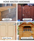 Home Master Hardware 6-inch stainless steel gate hinges collage: fence gate, shed door, door frame, animal shelter.