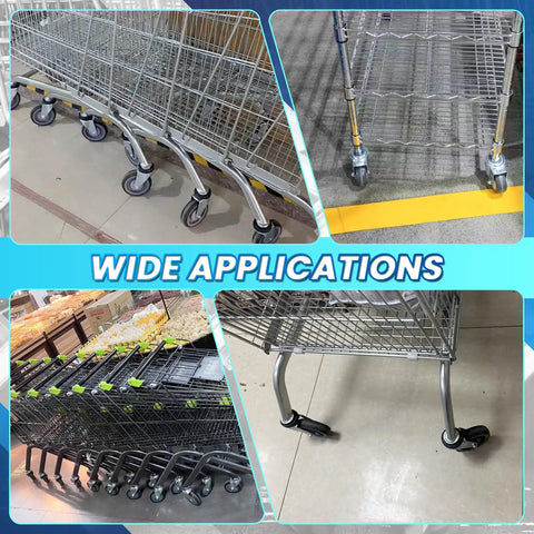 Wide applications of 16 Pack 5 Inch Shopping Cart Casters With Axles Bolts Silent Blue Polyurethane Wheels in various settings