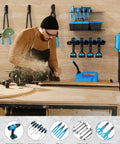 Man using saw with Power Tool Organizer Wall Mount 3 In 1 Cordless Drill Storage Shelf With 4 Holders Corner Design