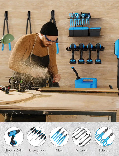 Man using saw with Power Tool Organizer Wall Mount 3 In 1 Cordless Drill Storage Shelf With 4 Holders Corner Design