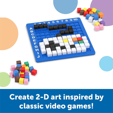 STEM Explorers Pixel Art Challenge Kit For Kids with foam pixel pieces on a blue 10x10 tray forming a pixelated design.