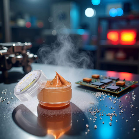 Open jar of high-temp copper conductive grease on workbench, ideal for electrical connections, automotive and electronics.