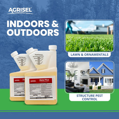 Zone Plus All Purpose Pest Control For Indoor And Outdoor Use Beats 100 Pests Eco Friendly Formula bottles with lawn and home images