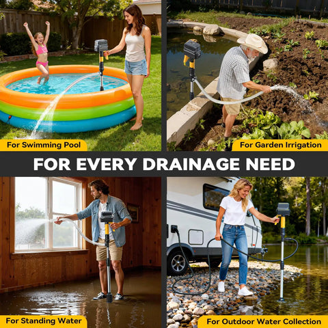 Cordless 840 GPH Brushless Water Transfer Pump With Auto Shutoff 3 Speed Modes in use for pool, garden, basement, RV.