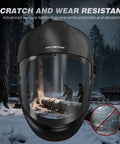 Top Shelf Panoramic Full Face Mask With Scratch Resistant Polycarbonate Visor And Dang Tough Impact Shield For Rough Industrial Jobs Demanding Ansi Certified Guard Against Welding Sparks And Debris Daily, shown in snowy forest setting.