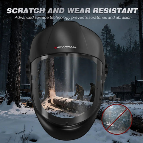 Top Shelf Panoramic Full Face Mask With Scratch Resistant Polycarbonate Visor And Dang Tough Impact Shield For Rough Industrial Jobs Demanding Ansi Certified Guard Against Welding Sparks And Debris Daily, shown in snowy forest setting.