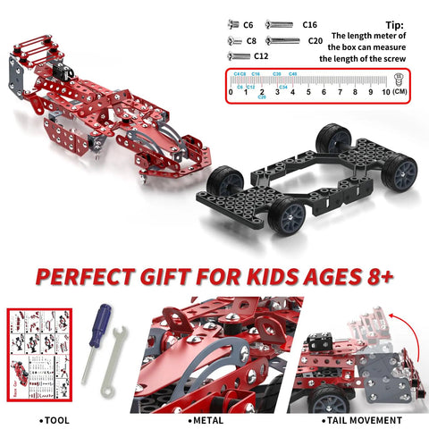Hands On Model Car Building Kit For Kids 8 To 12 With 287 Metal Parts Nuts Bolts And Tools STEM Vehicle Assembly Toy For Boys And Girls, Adjustable Tail And A Smooth Sliding Car For Realistic Play, showing metal car parts and instruction tools.