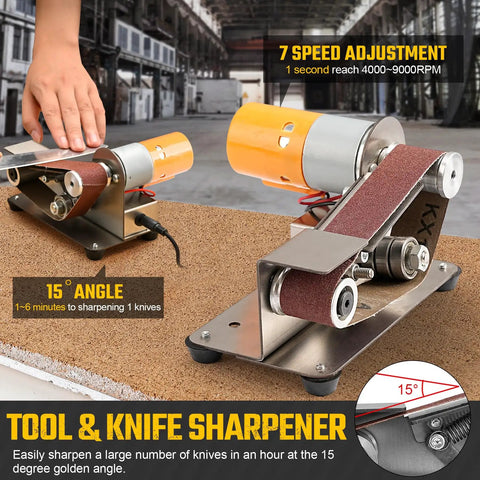 3 In 1 Mini Belt Sander With Knife Sharpener And Electric Bench Grinder for Metal and Wood DIY Handcraft Beast Mode Power displayed on a bench