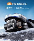 Close-up of Dope Camera Drone With 4.5 Inch LCD Remote Screen showing dual 4K cameras and adjustable angle on snow-covered surface.