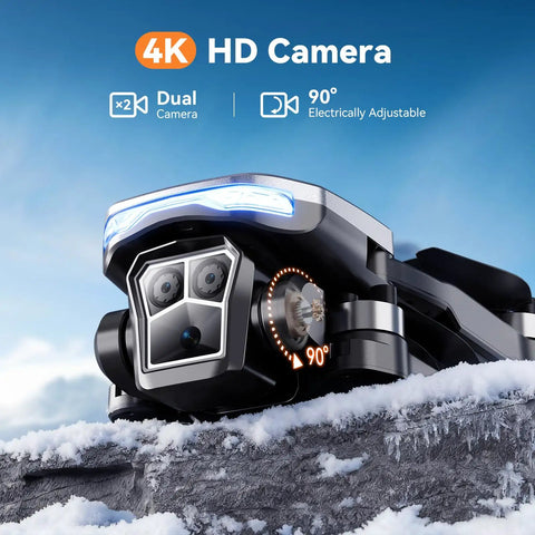 Close-up of Dope Camera Drone With 4.5 Inch LCD Remote Screen showing dual 4K cameras and adjustable angle on snow-covered surface.