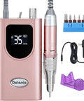 Professional Electric Nail Drill And High Torque E File With 35000 Rpm Speed for manicure; sleek rose gold design with display and attachments.